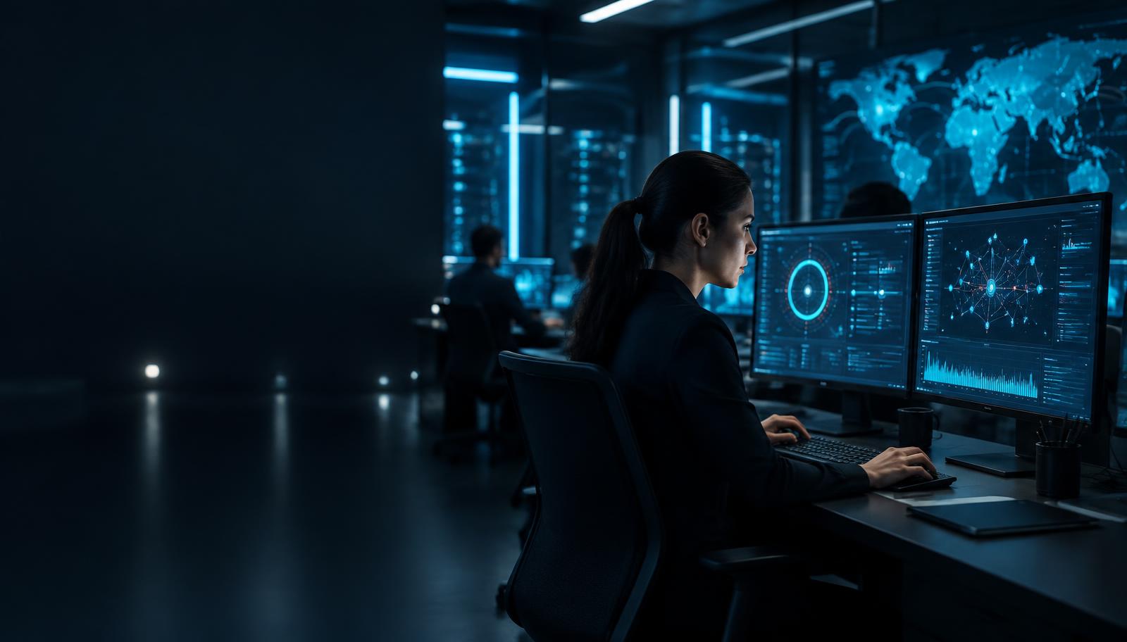 Security analyst monitoring web application risks in a modern operations center